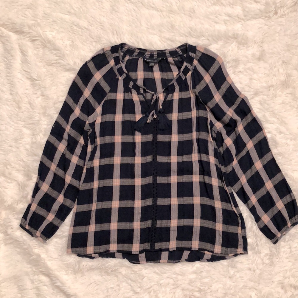 American Eagle Dark Navy & Mauve Plaid Print Peasant Blouse
